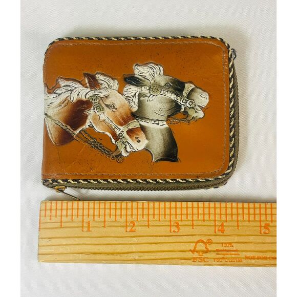 Vintage Leather Bifold Wallet Hand Tooled Horses 1950s Men Boys Cowhide Zip Up - Picture 7 of 8